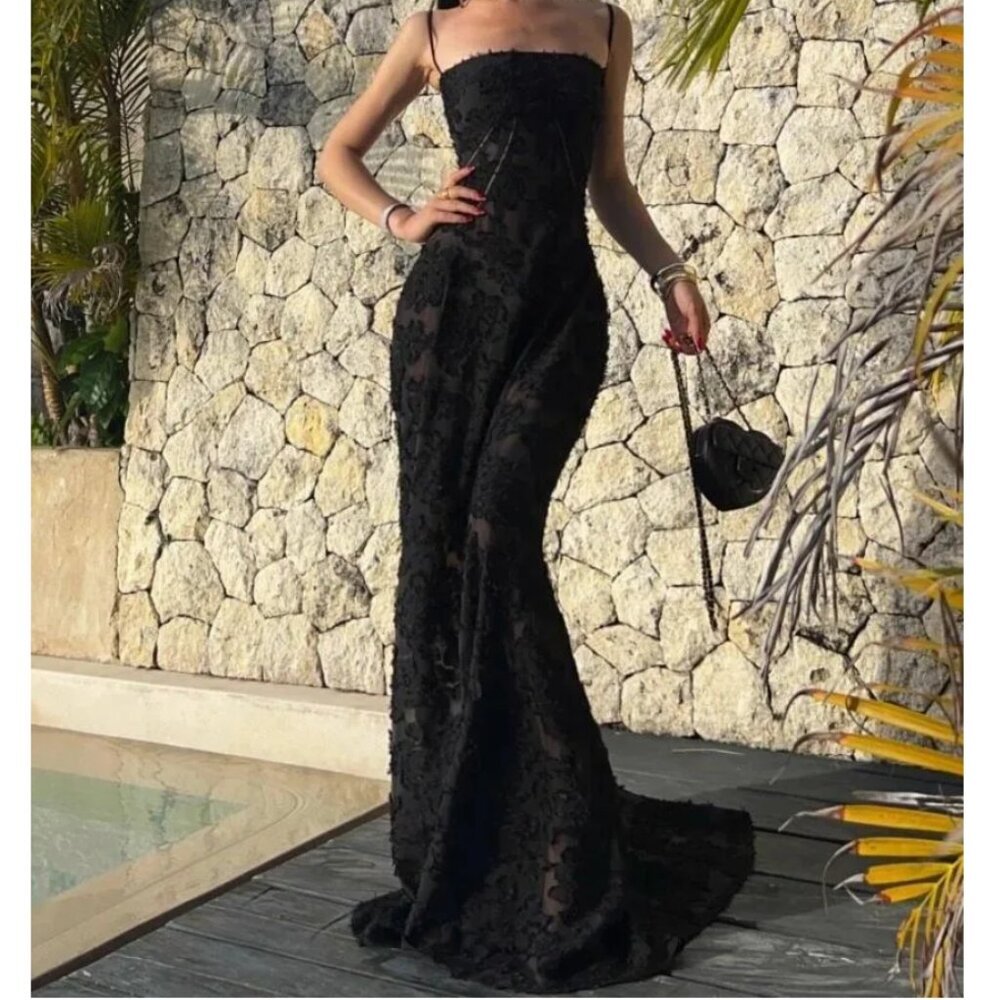 House of CB ‘Seren’ Black Floral Lace Back Maxi Dress NWOT size M‎ regular A-C - Picture 4 of 12